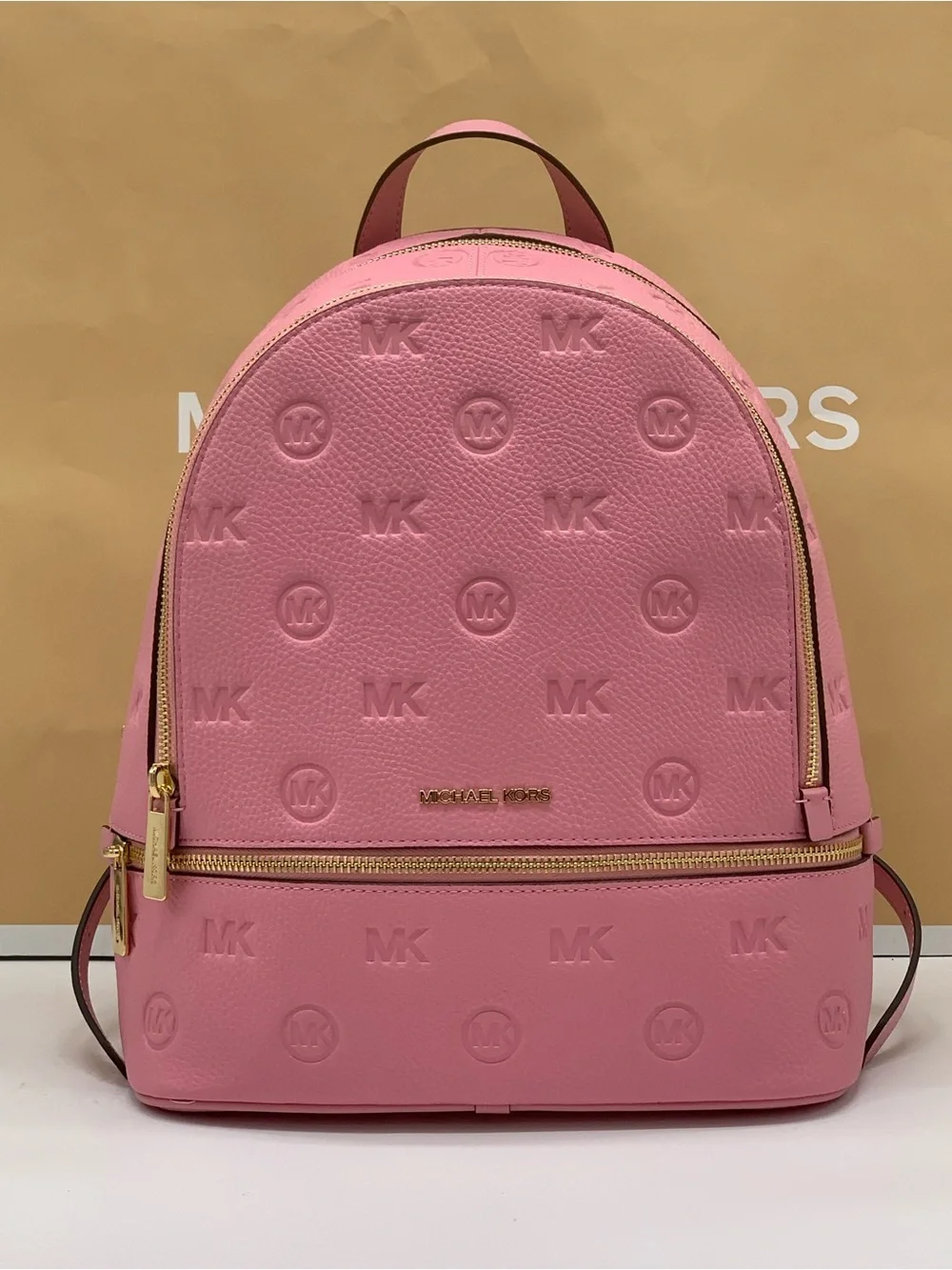 Michael Kors Rhea Carnation Medium Leather Backpack with Gold Hardware